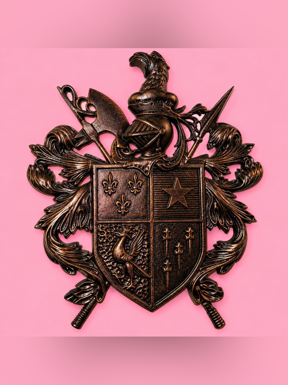 Gold Shield Medieval Wall Decor with Fleur de Lis, Eagle, Knight. Coat of Arms
